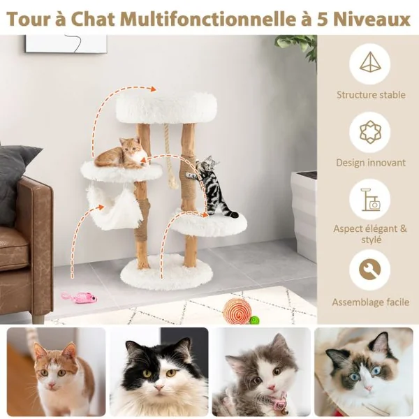 Arbre à Chat en Bois 87 CM avec Hamac, Plusieurs Plateformes Tour à Chat avec Coussin Moelleux Corde en Sisal Suspendue Blanc