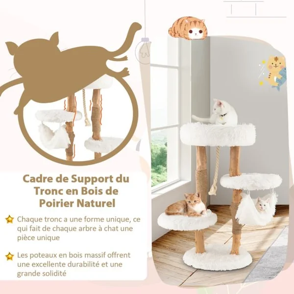 Arbre à Chat en Bois 87 CM avec Hamac, Plusieurs Plateformes Tour à Chat avec Coussin Moelleux Corde en Sisal Suspendue Blanc