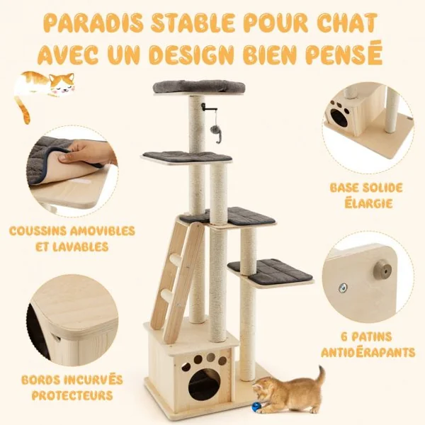Arbre à Chat en Bois Arbre à Grimper pour Chat avec Niche Arbre-Griffoir Multi-Niveaux d'Intérieur pour Chat Beige