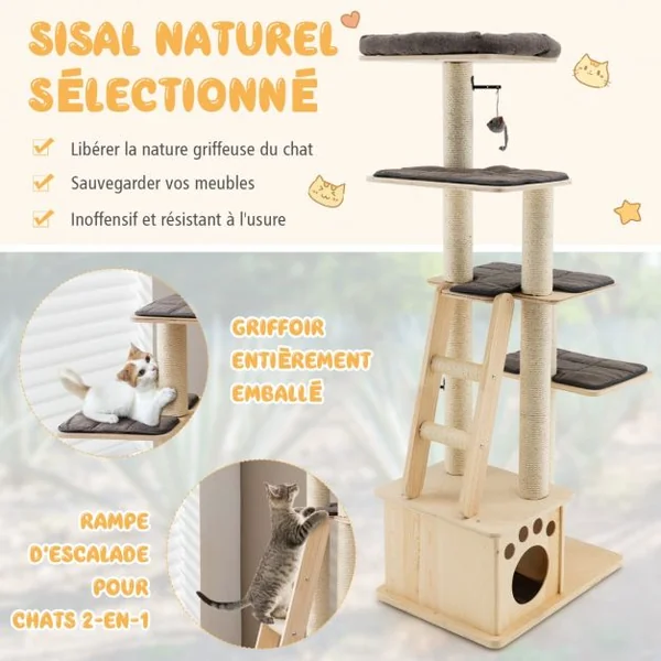 Arbre à Chat en Bois Arbre à Grimper pour Chat avec Niche Arbre-Griffoir Multi-Niveaux d'Intérieur pour Chat Beige