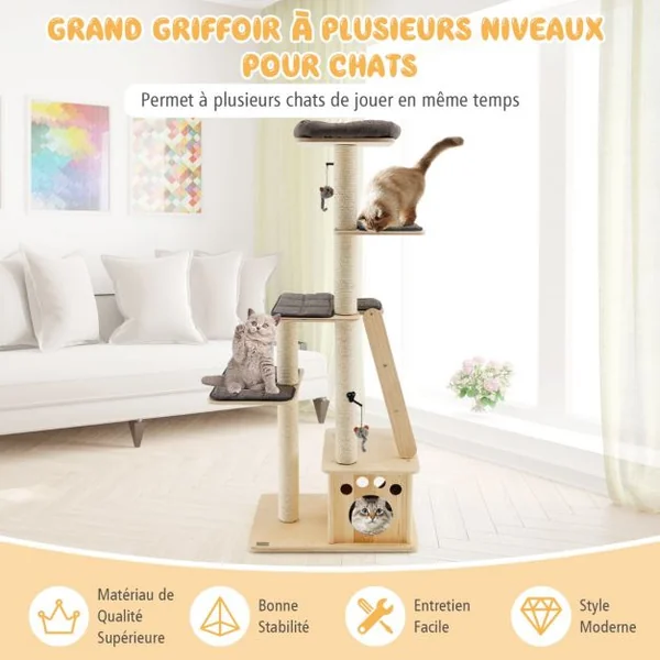 Arbre à Chat en Bois Arbre à Grimper pour Chat avec Niche Arbre-Griffoir Multi-Niveaux d'Intérieur pour Chat Beige