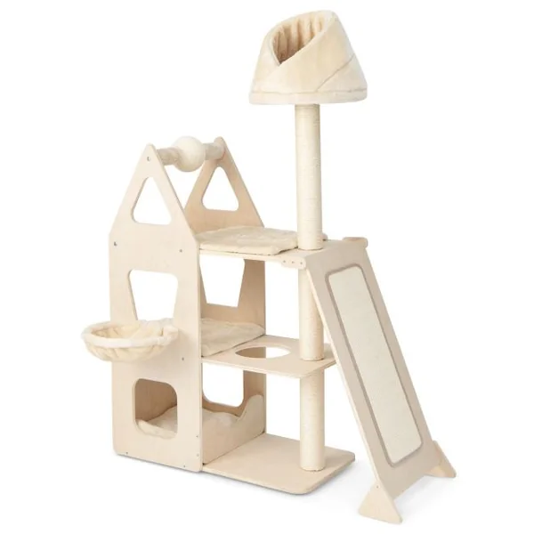 Arbre à Chat en Bois Massif 162CM Tour de Chat Multicouche Balle et Poteaux Rotatifs à Gratter Rampe de Sisal Beige