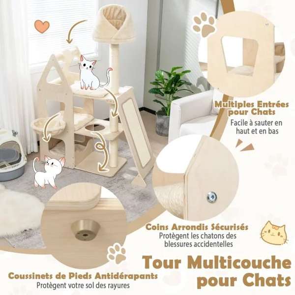 Arbre à Chat en Bois Massif 162CM Tour de Chat Multicouche Balle et Poteaux Rotatifs à Gratter Rampe de Sisal Beige
