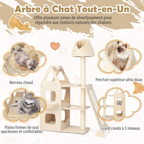 Arbre à Chat en Bois Massif 162CM Tour de Chat Multicouche Balle et Poteaux Rotatifs à Gratter Rampe de Sisal Beige