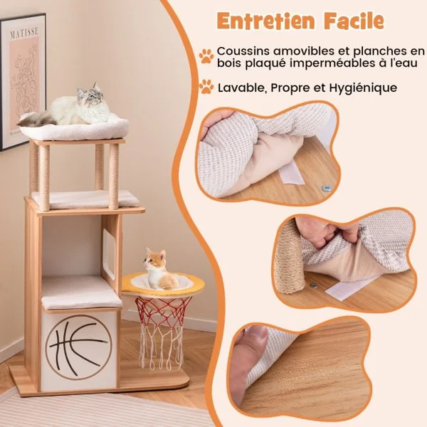 Arbre à Chat en Bois à Thème Sportif de 120 cm 2 Etages 2 Perchoirs Hamac Panier de Basket Poteaux à Gratter en Jute Naturel