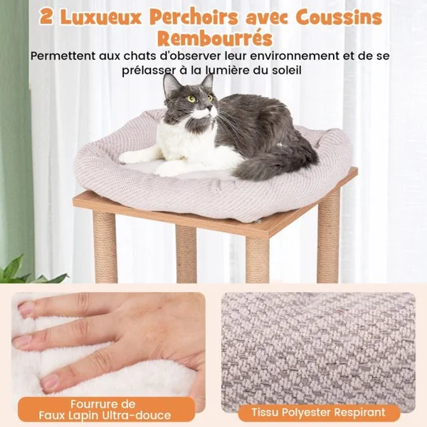 Arbre à Chat en Bois à Thème Sportif de 120 cm 2 Etages 2 Perchoirs Hamac Panier de Basket Poteaux à Gratter en Jute Naturel