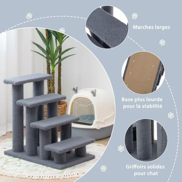 Arbre à chat en escalier à 4 étages Centre d'activités pour chat en Cachemire et MDF 60,5x40x60cm Gris