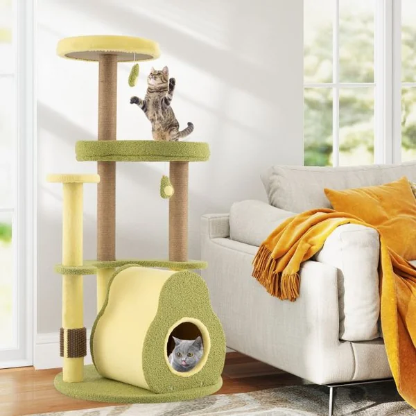 Arbre à Chat en Forme d’Avocat Tour pour Chat à Plusieurs Niveaux Condo Privé Brosse d'Auto-toilettage Pompons Amusants Vert