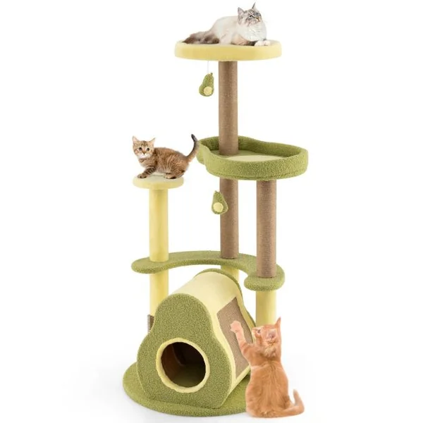 Arbre à Chat en Forme d’Avocat Tour pour Chat à Plusieurs Niveaux Condo Privé Brosse d'Auto-toilettage Pompons Amusants Vert
