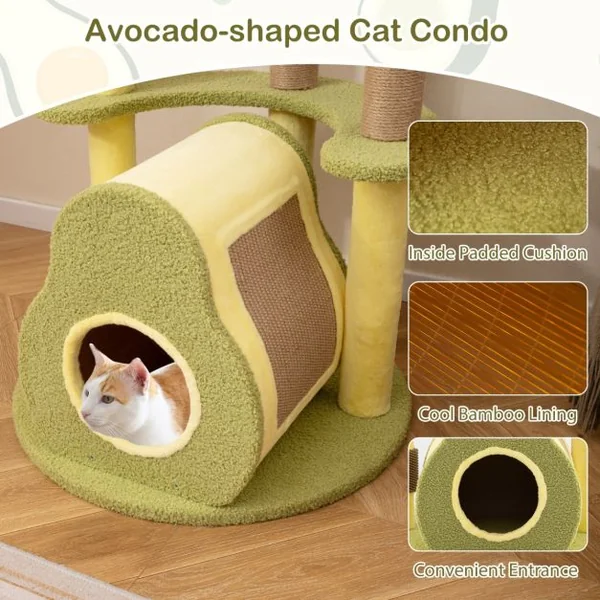 Arbre à Chat en Forme d’Avocat Tour pour Chat à Plusieurs Niveaux Condo Privé Brosse d'Auto-toilettage Pompons Amusants Vert
