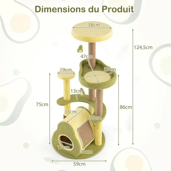 Arbre à Chat en Forme d’Avocat Tour pour Chat à Plusieurs Niveaux Condo Privé Brosse d'Auto-toilettage Pompons Amusants Vert