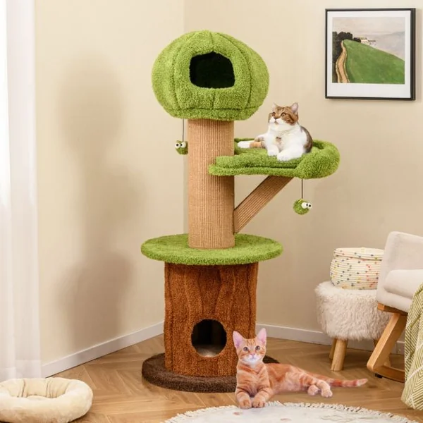 Arbre à Chat en Forme de Champignon 148cm pour Chats d’Intérieur 2 Adorables Condos Perchoir en Peluche Balles Poteaux en Sisal Vert