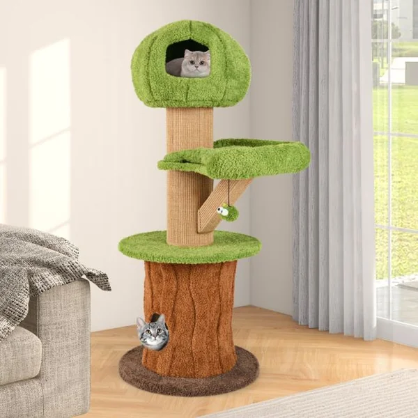 Arbre à Chat en Forme de Champignon 148cm pour Chats d’Intérieur 2 Adorables Condos Perchoir en Peluche Balles Poteaux en Sisal Vert