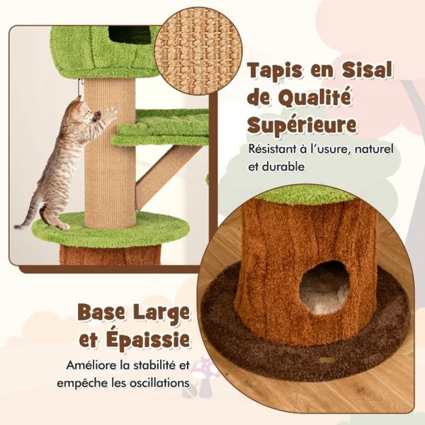 Arbre à Chat en Forme de Champignon 148cm pour Chats d’Intérieur 2 Adorables Condos Perchoir en Peluche Balles Poteaux en Sisal Vert
