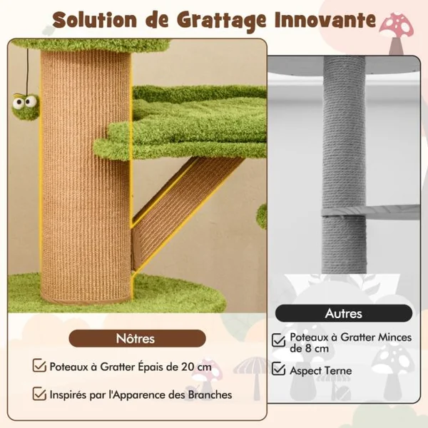 Arbre à Chat en Forme de Champignon 148cm pour Chats d’Intérieur 2 Adorables Condos Perchoir en Peluche Balles Poteaux en Sisal Vert