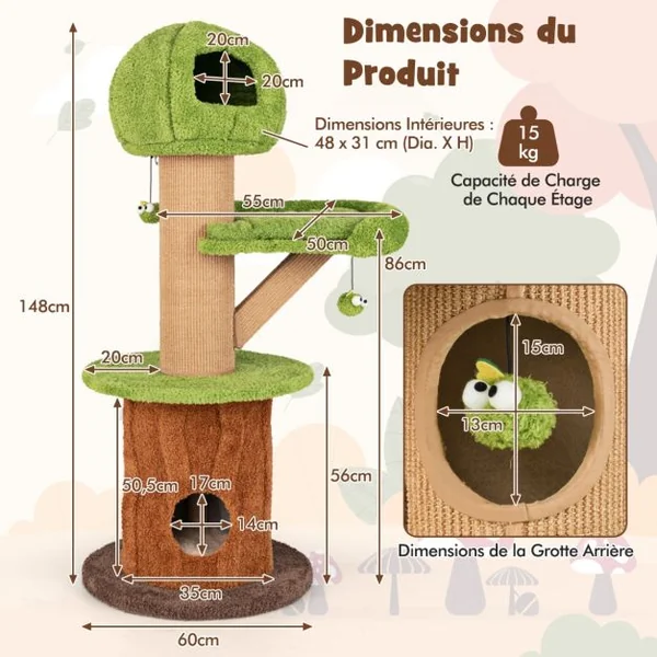 Arbre à Chat en Forme de Champignon 148cm pour Chats d’Intérieur 2 Adorables Condos Perchoir en Peluche Balles Poteaux en Sisal Vert