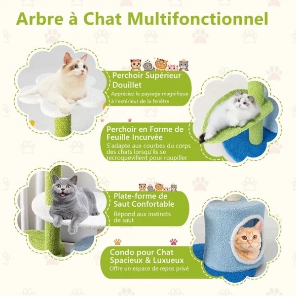 Arbre à Chat en Forme de Fleur 87 CM avec Niche et Griffoirs en Sisal Naturel Tour à Chat 5 Niveaux avec Boules de Peluche