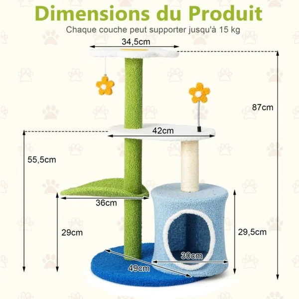 Arbre à Chat en Forme de Fleur 87 CM avec Niche et Griffoirs en Sisal Naturel Tour à Chat 5 Niveaux avec Boules de Peluche