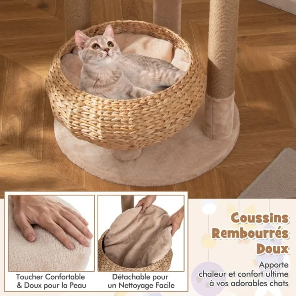 Arbre à chat en Forme de Quenouille de 164cm Poteaux à Gratter en Jute Perchoir Panier Balles Suspendues Coussins Lavables à 6 Niveaux Beige