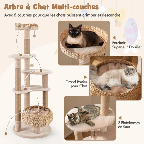 Arbre à chat en Forme de Quenouille de 164cm Poteaux à Gratter en Jute Perchoir Panier Balles Suspendues Coussins Lavables à 6 Niveaux Beige