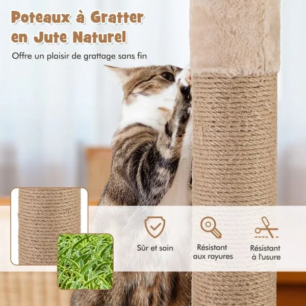 Arbre à chat en Forme de Quenouille de 164cm Poteaux à Gratter en Jute Perchoir Panier Balles Suspendues Coussins Lavables à 6 Niveaux Beige