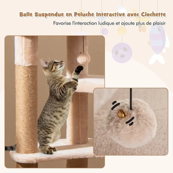 Arbre à chat en Forme de Quenouille de 164cm Poteaux à Gratter en Jute Perchoir Panier Balles Suspendues Coussins Lavables à 6 Niveaux Beige