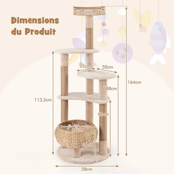 Arbre à chat en Forme de Quenouille de 164cm Poteaux à Gratter en Jute Perchoir Panier Balles Suspendues Coussins Lavables à 6 Niveaux Beige