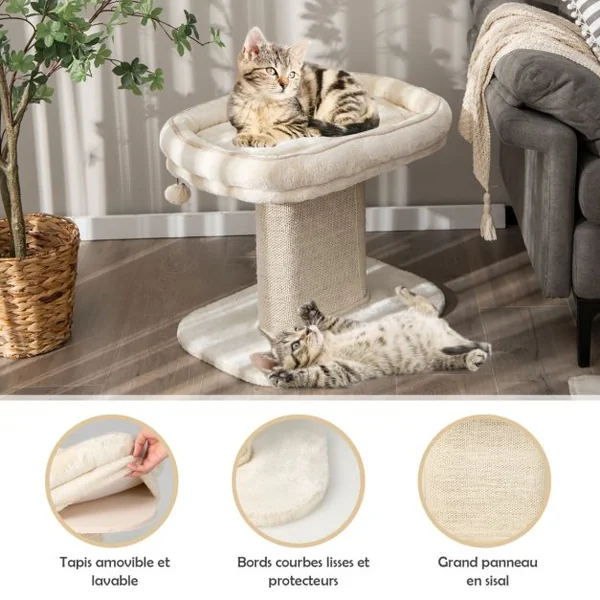 Arbre à Chat en Forme de Tour avec Lit Grand Perchoir en Peluche Tour à Gratter en Sisal pour Chaton Balle Interactive Beige/Gris