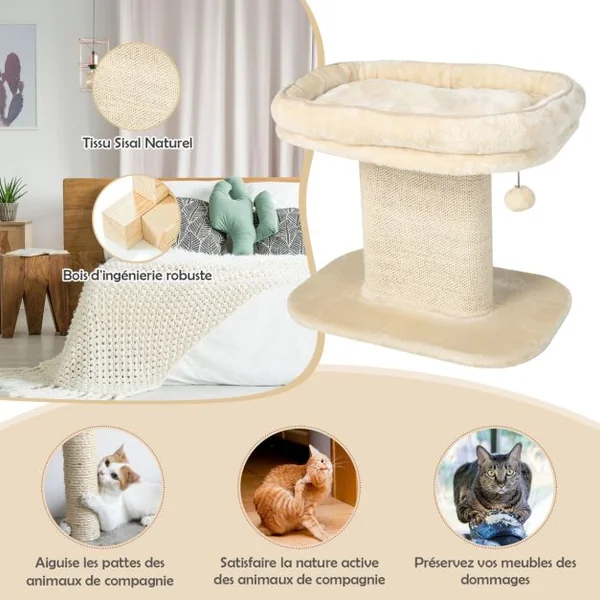 Arbre à Chat en Forme de Tour avec Lit Grand Perchoir en Peluche Tour à Gratter en Sisal pour Chaton Balle Interactive Beige/Gris