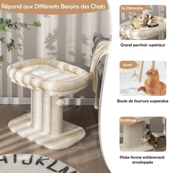 Arbre à Chat en Forme de Tour avec Lit Grand Perchoir en Peluche Tour à Gratter en Sisal pour Chaton Balle Interactive Beige/Gris