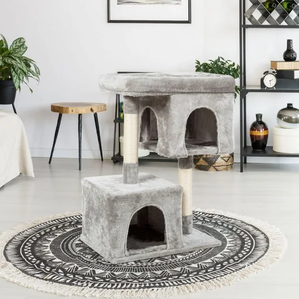 Arbre à Chat Hauteur 82CM 2 Etages avec 2 Cabanes Cozy en Peluche Colonne en Sisal Gris Clair