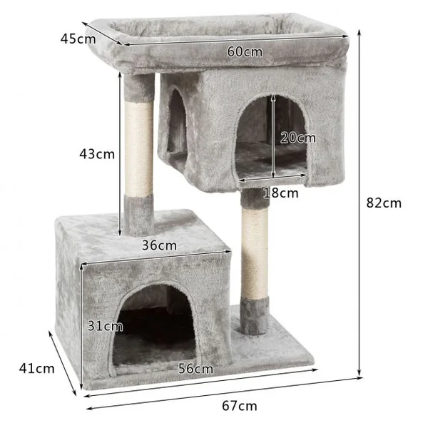Arbre à Chat Hauteur 82CM 2 Etages avec 2 Cabanes Cozy en Peluche Colonne en Sisal Gris Clair