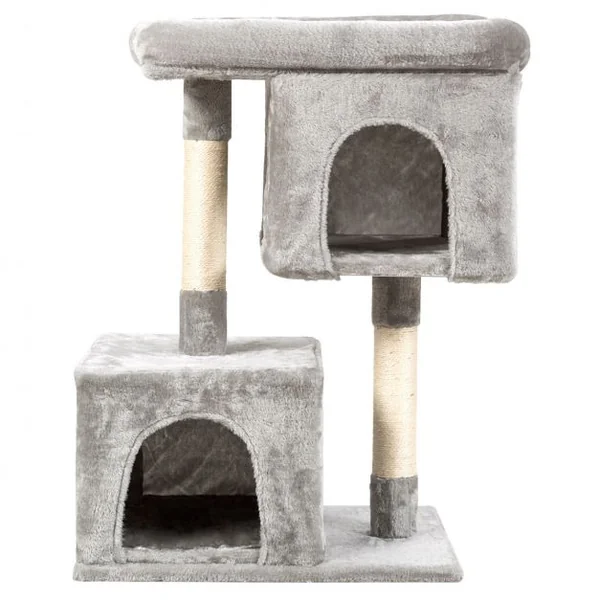 Arbre à Chat Hauteur 82CM 2 Etages avec 2 Cabanes Cozy en Peluche Colonne en Sisal Gris Clair