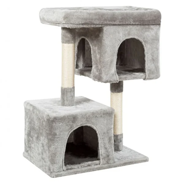 Arbre à Chat Hauteur 82CM 2 Etages avec 2 Cabanes Cozy en Peluche Colonne en Sisal Gris Clair