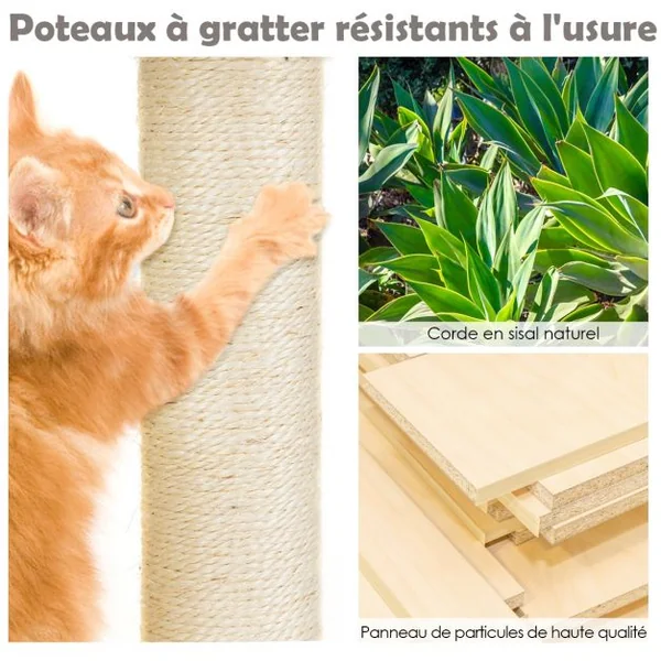 Arbre à Chat Hauteur 82CM 2 Etages avec 2 Cabanes Cozy en Peluche Colonne en Sisal Gris Clair