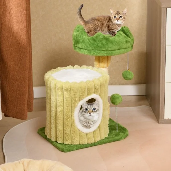 Arbre à Chat Mignon avec Poteaux à Gratter en Sisal Perchoir Rembourré en Peluche Grande Maison de Repos Balle Suspendue Pompon Suspendu