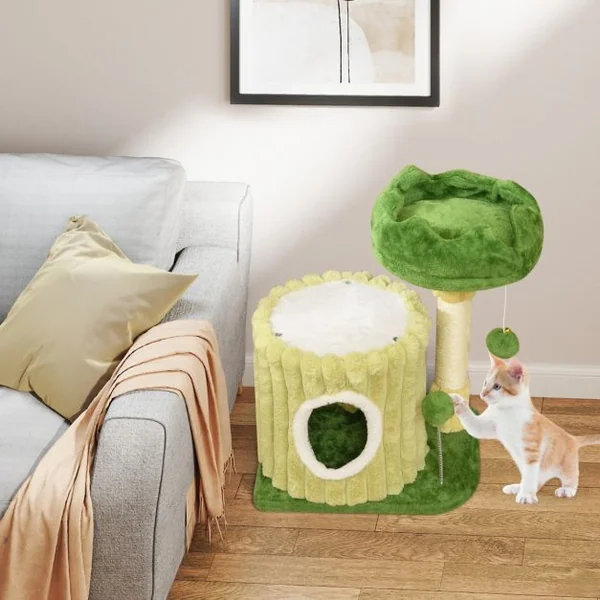 Arbre à Chat Mignon avec Poteaux à Gratter en Sisal Perchoir Rembourré en Peluche Grande Maison de Repos Balle Suspendue Pompon Suspendu