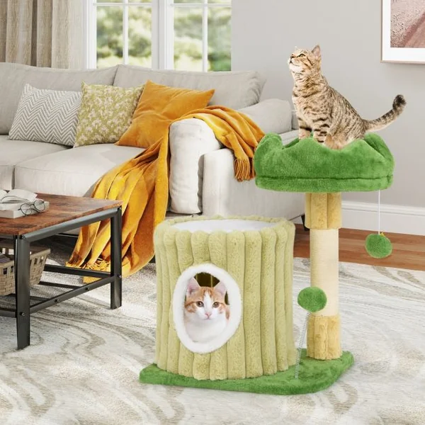 Arbre à Chat Mignon avec Poteaux à Gratter en Sisal Perchoir Rembourré en Peluche Grande Maison de Repos Balle Suspendue Pompon Suspendu