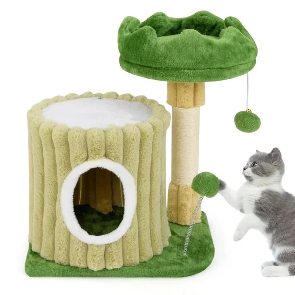 Arbre à Chat Mignon avec Poteaux à Gratter en Sisal Perchoir Rembourré en Peluche Grande Maison de Repos Balle Suspendue Pompon Suspendu