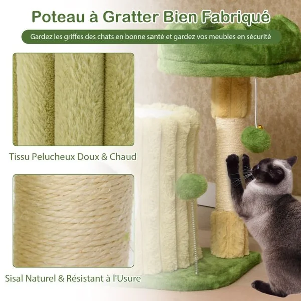 Arbre à Chat Mignon avec Poteaux à Gratter en Sisal Perchoir Rembourré en Peluche Grande Maison de Repos Balle Suspendue Pompon Suspendu