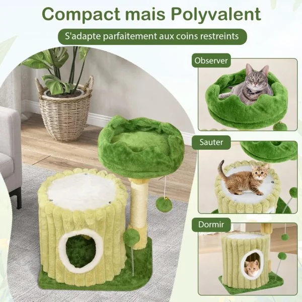 Arbre à Chat Mignon avec Poteaux à Gratter en Sisal Perchoir Rembourré en Peluche Grande Maison de Repos Balle Suspendue Pompon Suspendu