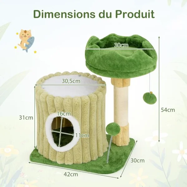 Arbre à Chat Mignon avec Poteaux à Gratter en Sisal Perchoir Rembourré en Peluche Grande Maison de Repos Balle Suspendue Pompon Suspendu