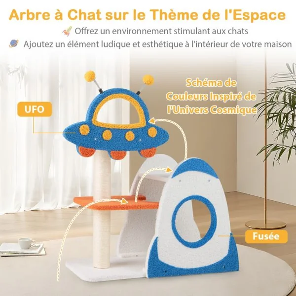 Arbre à Chat Mignon à 4 Niveaux avec Perchoir Supérieur en Forme d'OVNI Poteaux à Gratter en Sisal Condo en Forme de Fusée à 2 Niveaux