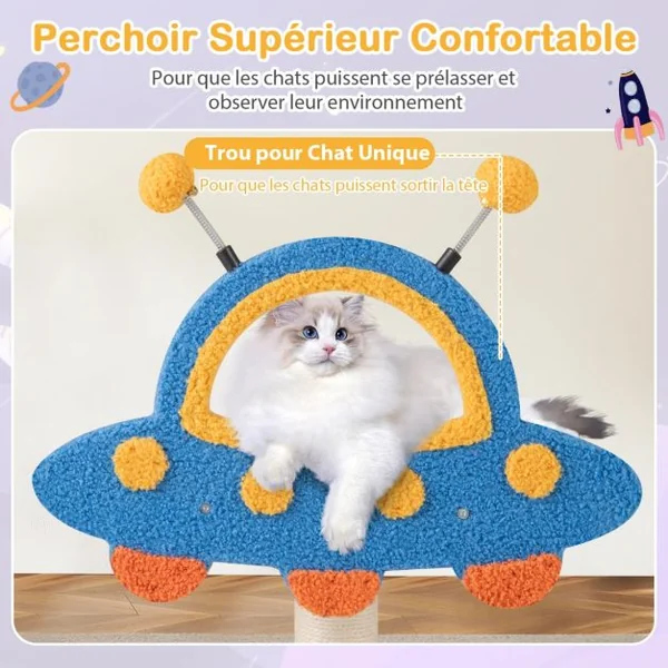 Arbre à Chat Mignon à 4 Niveaux avec Perchoir Supérieur en Forme d'OVNI Poteaux à Gratter en Sisal Condo en Forme de Fusée à 2 Niveaux
