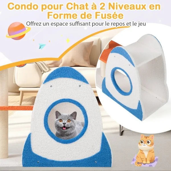 Arbre à Chat Mignon à 4 Niveaux avec Perchoir Supérieur en Forme d'OVNI Poteaux à Gratter en Sisal Condo en Forme de Fusée à 2 Niveaux