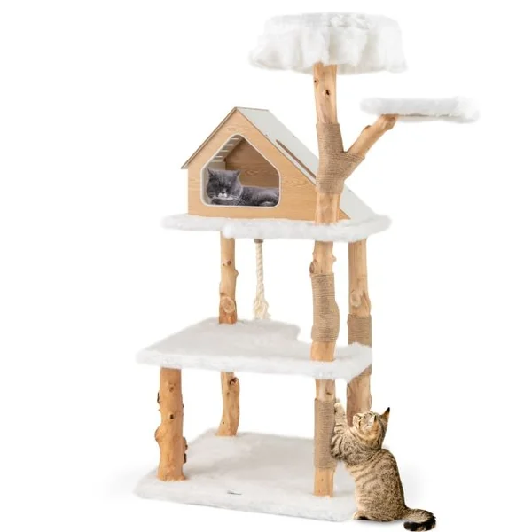 Arbre à Chat Moderne en Bois Massif 150cm 2 Perchoirs Condo Griffoirs en Jute Corde en Sisal Peluche Longue et Douce Blanc