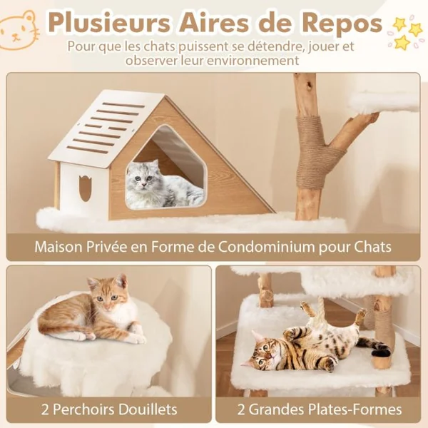 Arbre à Chat Moderne en Bois Massif 150cm 2 Perchoirs Condo Griffoirs en Jute Corde en Sisal Peluche Longue et Douce Blanc