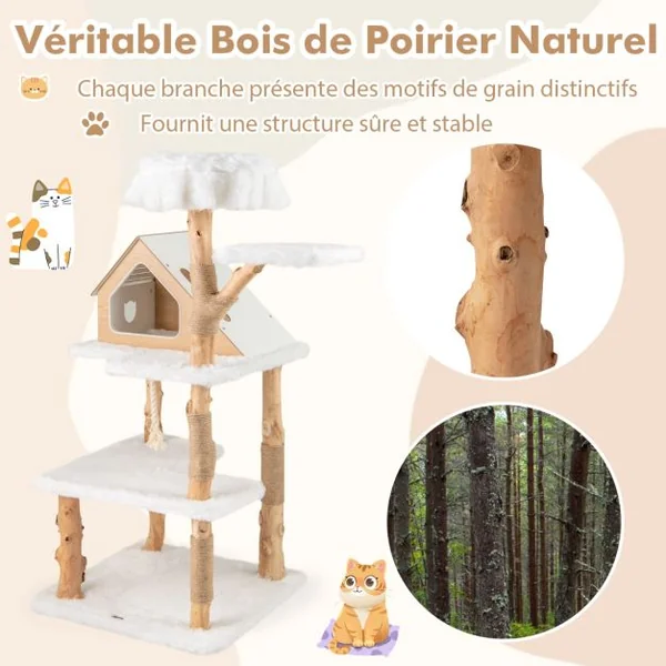 Arbre à Chat Moderne en Bois Massif 150cm 2 Perchoirs Condo Griffoirs en Jute Corde en Sisal Peluche Longue et Douce Blanc