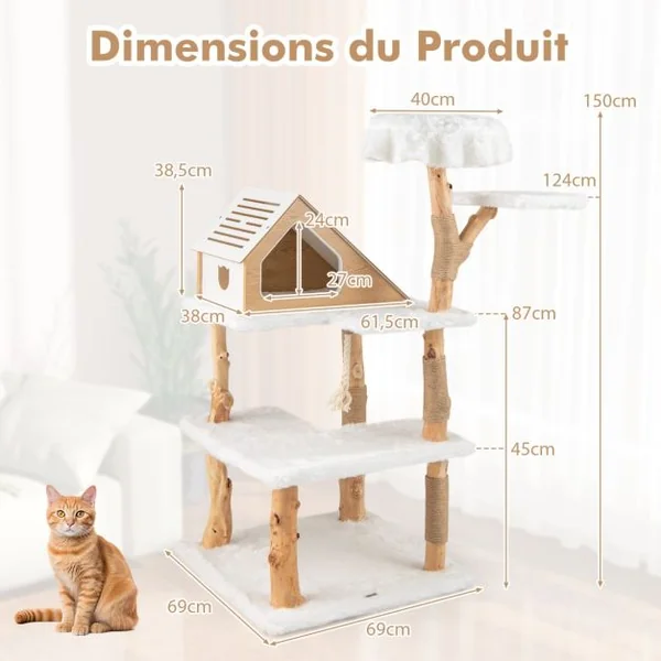 Arbre à Chat Moderne en Bois Massif 150cm 2 Perchoirs Condo Griffoirs en Jute Corde en Sisal Peluche Longue et Douce Blanc