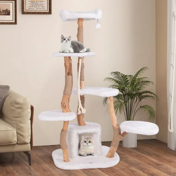 Arbre à Chat Moderne en Bois Massif 168cm Perchoirs Condo Griffoirs en Jute Corde en Sisal Peluche Longue et Douce Balle Suspendue